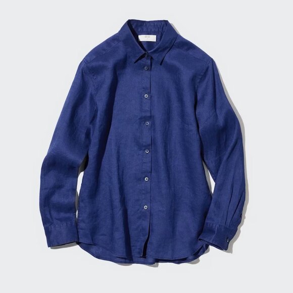 Uniqlo Womens 100% Linen Button Down Shirt Dark Blue Size L - Picture 1 of 7